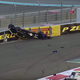 Nico Hulkenberg’s car sitting on a track barrier after his crash.